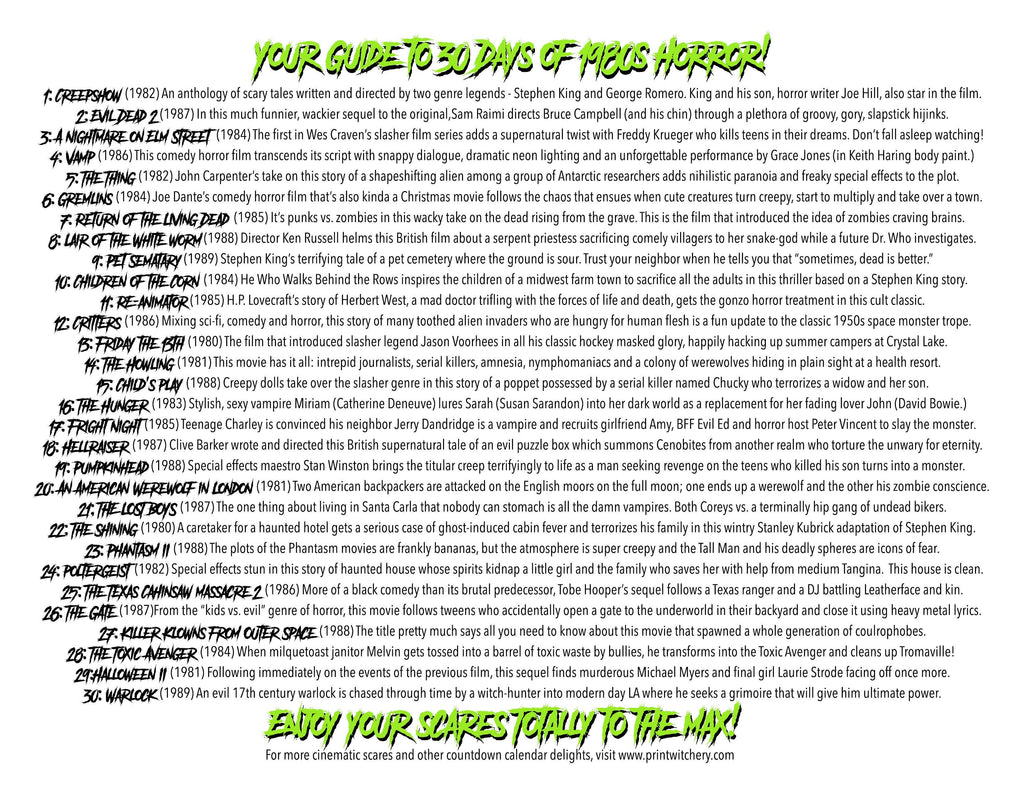 80s Horror Month of Movies Calendar
