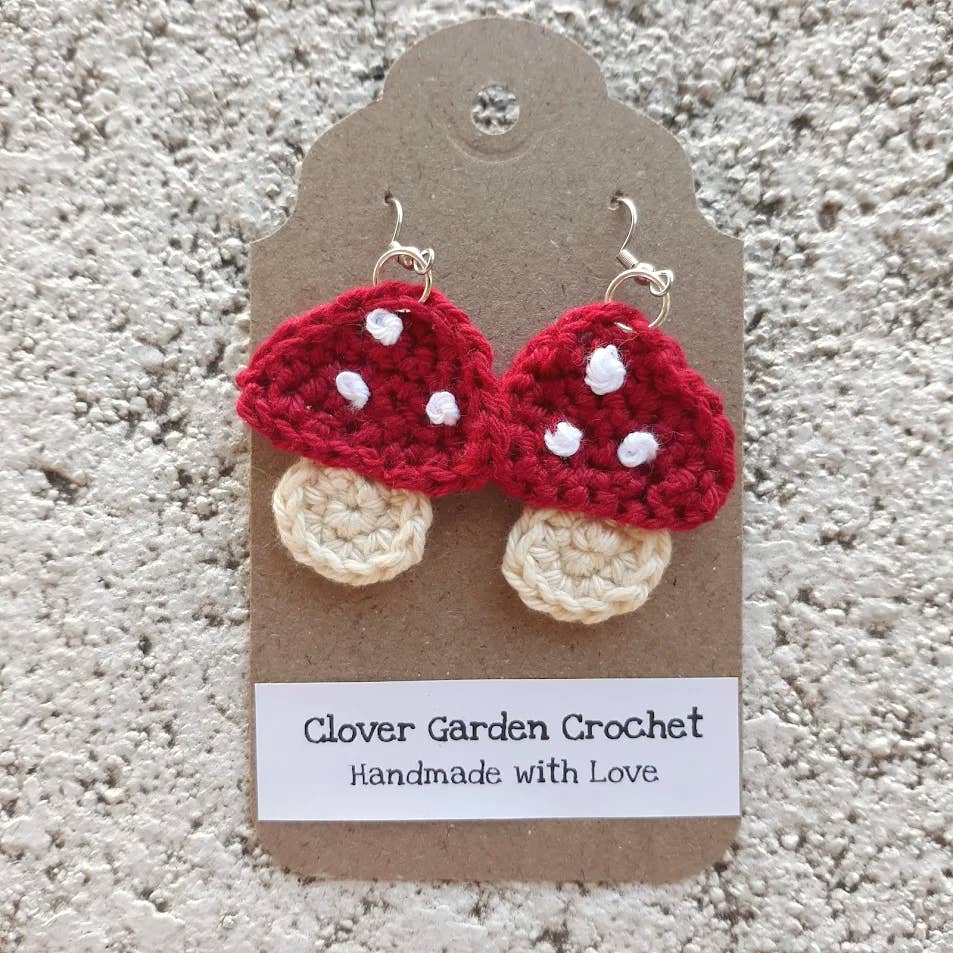 Cute Crochet Mushroom Drop Earrings Red  Themed