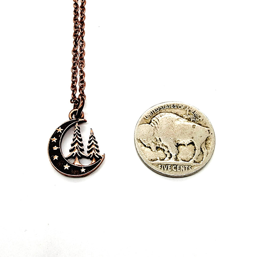 “Midnight Pines” Crescent Moon Forest Necklace – Copper