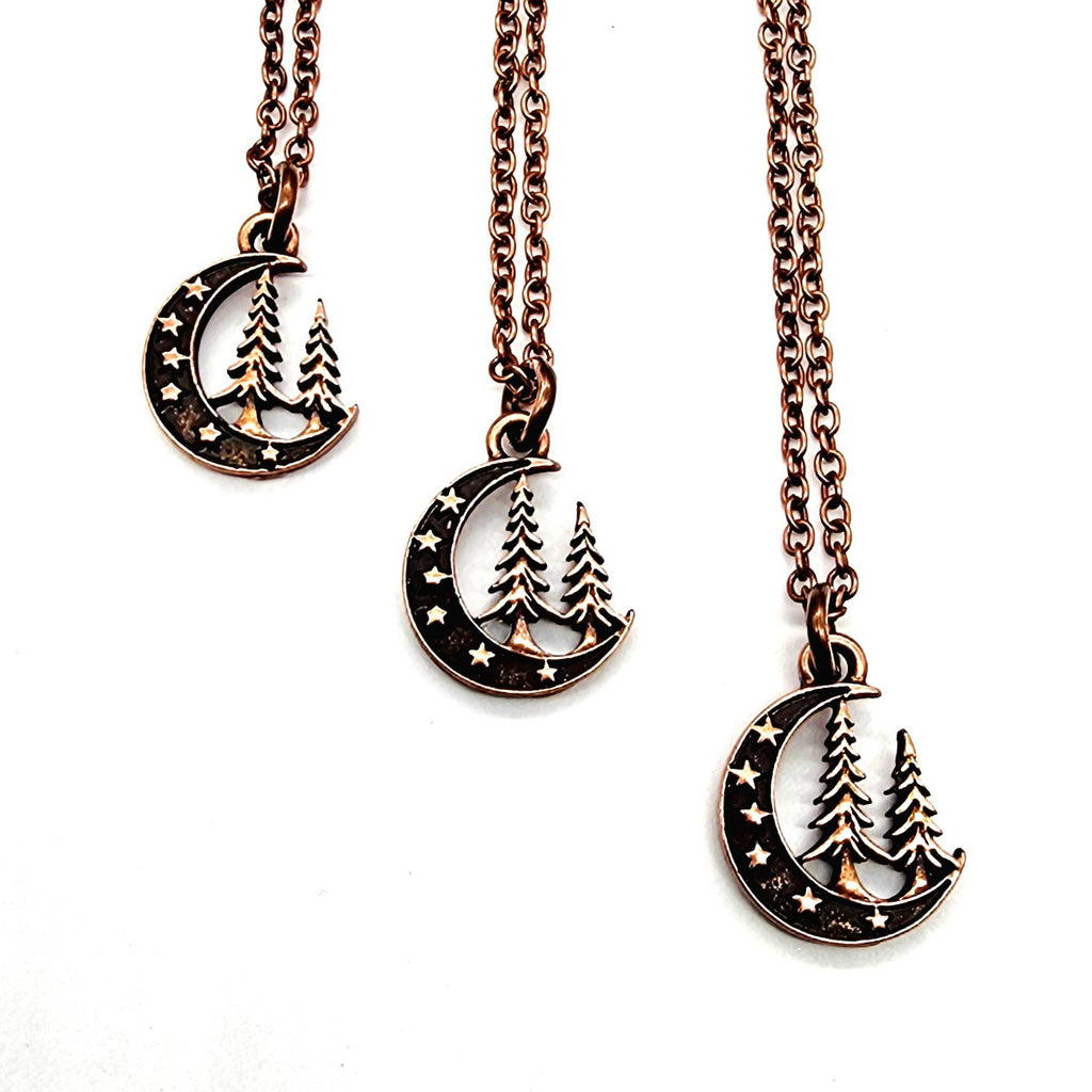 “Midnight Pines” Crescent Moon Forest Necklace – Copper