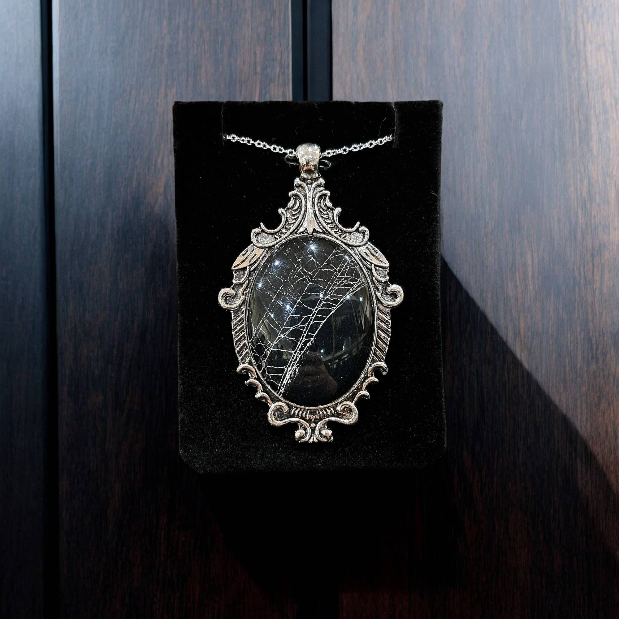 Real Spiderweb Large Filigree Cabochon Antique Silver