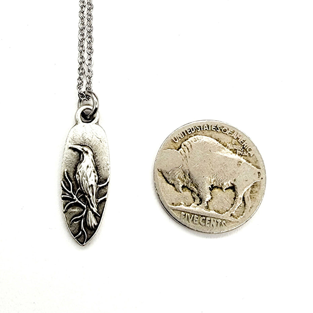 Antique Silver Whispering Raven Pendant Necklace