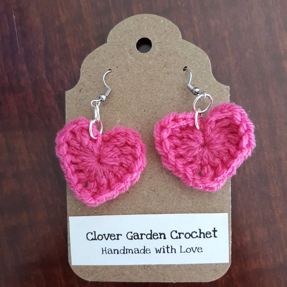 Crochet Hot Pink Heart Drop Earrings