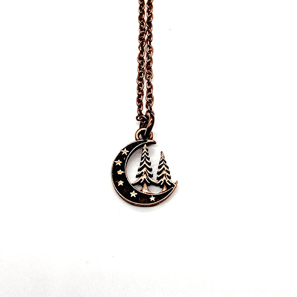 “Midnight Pines” Crescent Moon Forest Necklace – Copper