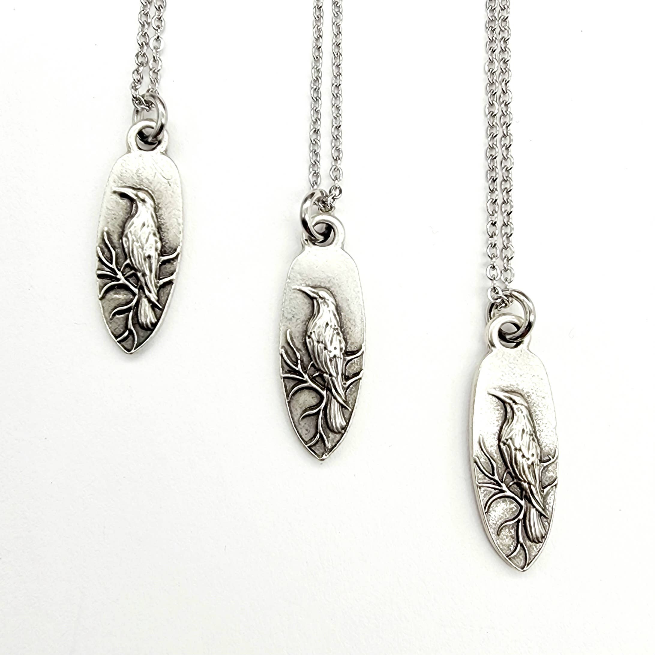 Antique Silver Whispering Raven Pendant Necklace