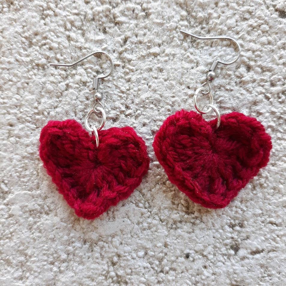 Crochet Red Heart Drop Earrings