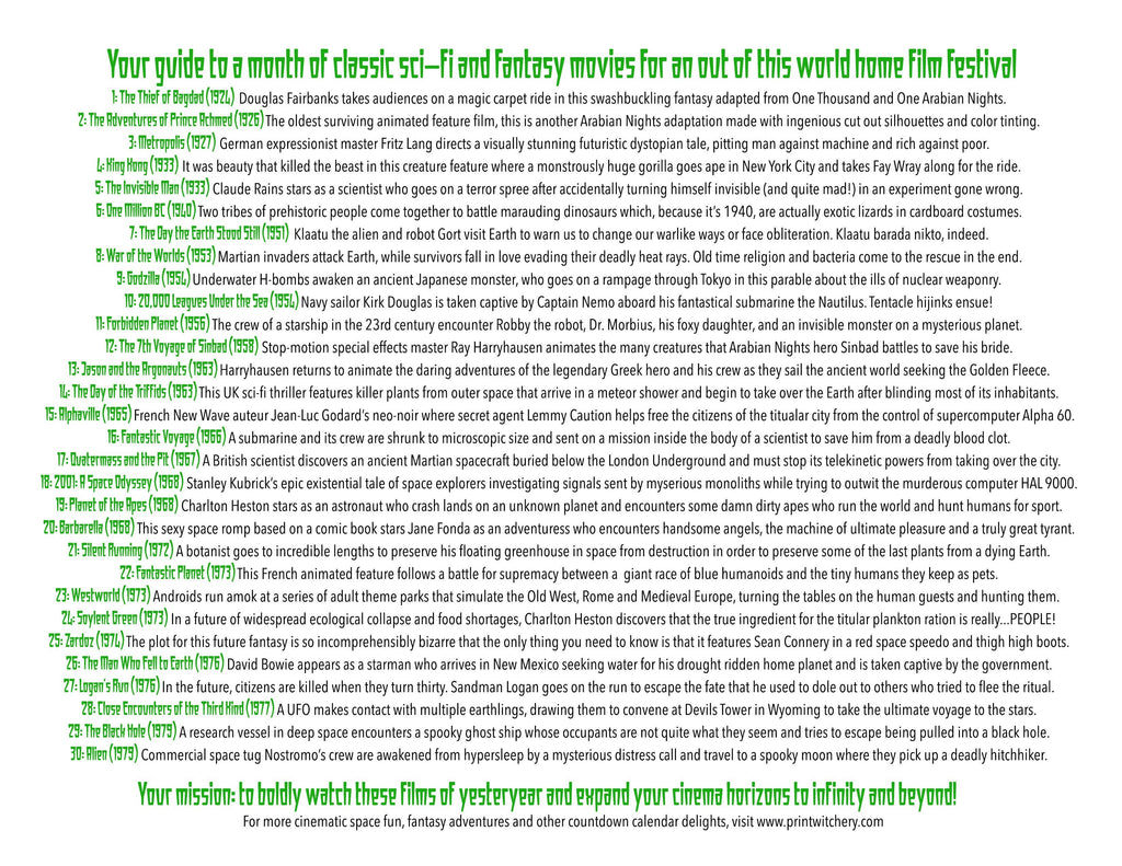 Classic Sci-Fi and Fantasy Month of Movies Calendar