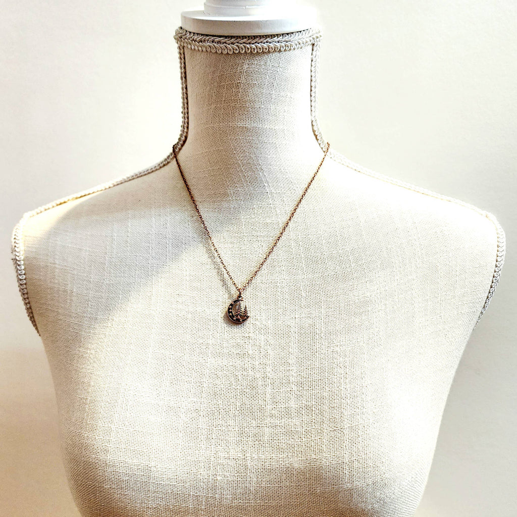 “Midnight Pines” Crescent Moon Forest Necklace – Copper