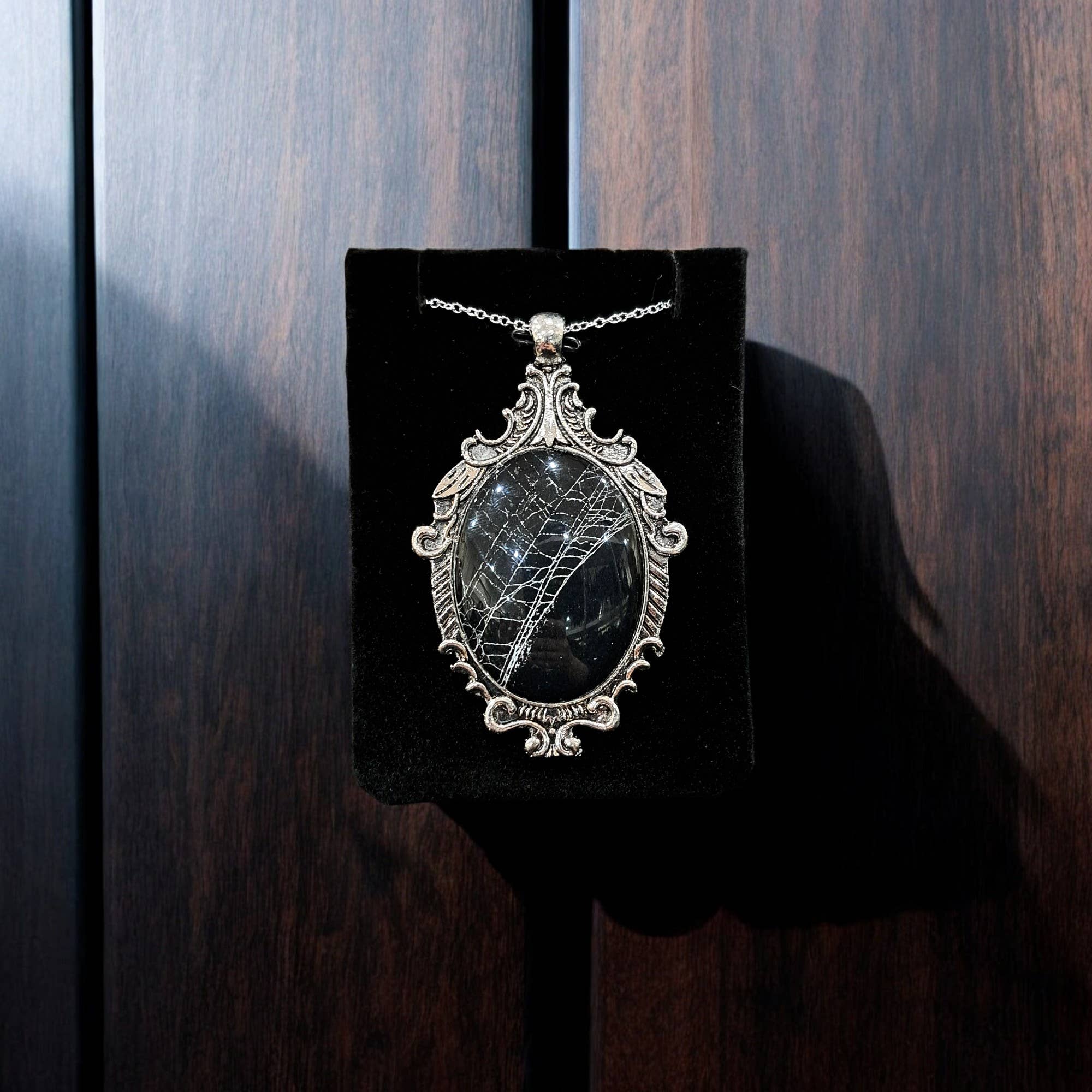 Real Spiderweb Large Filigree Cabochon Antique Silver