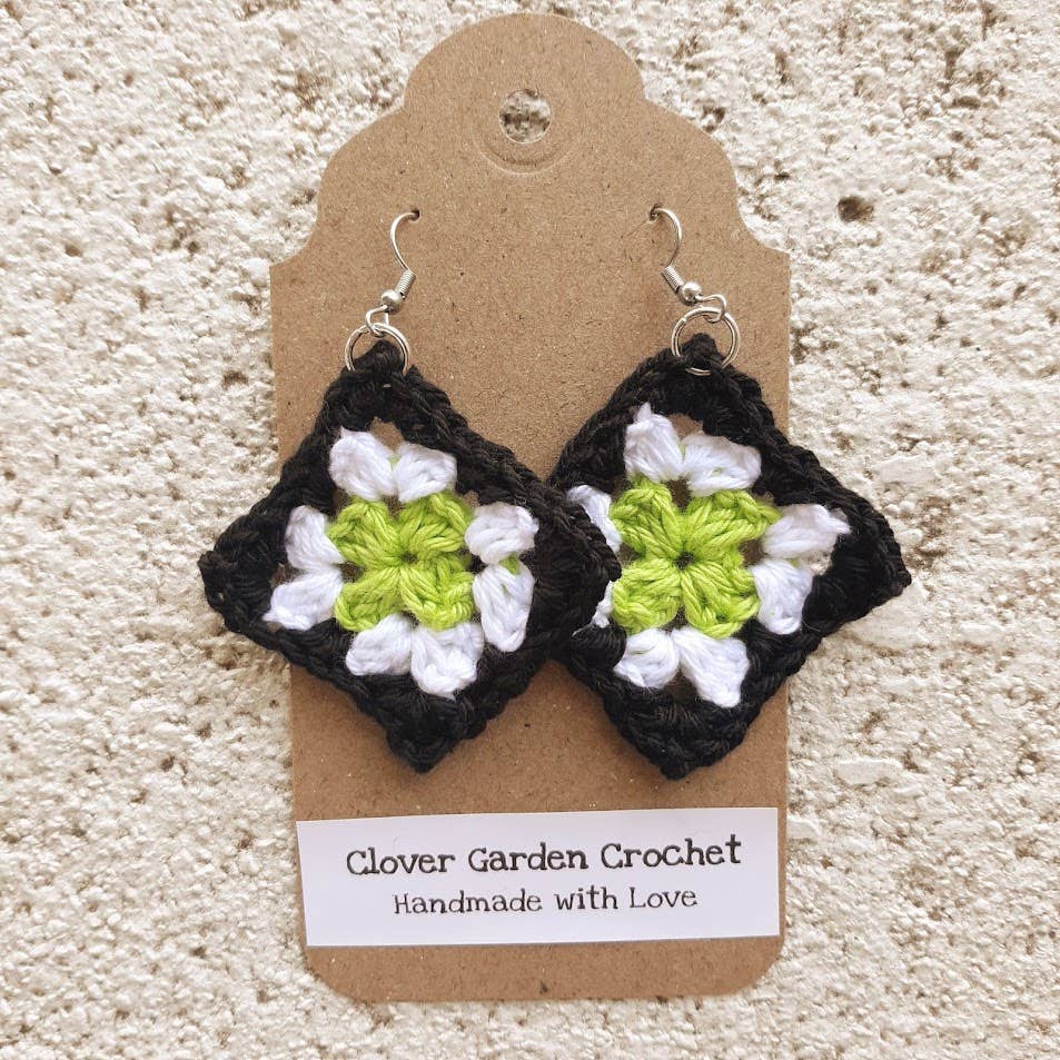 Crochet Granny Square Drop Earrings, Black White and Colored