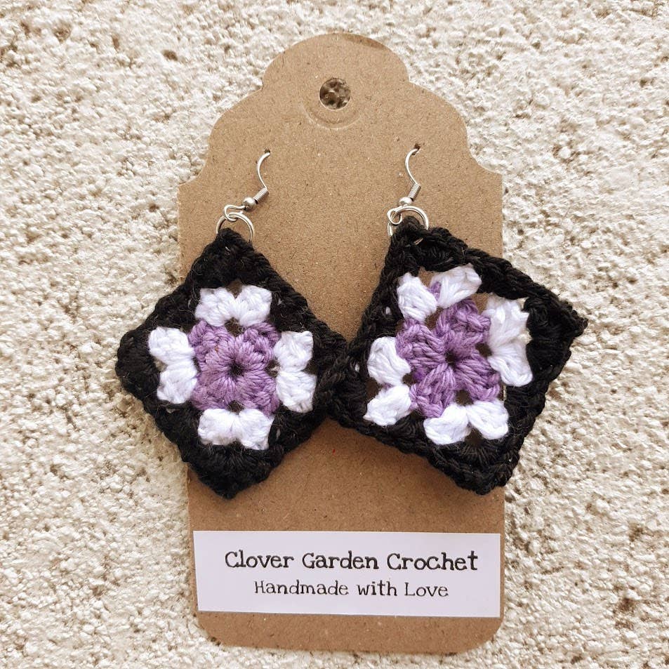 Crochet Granny Square Drop Earrings, Black White and Colored